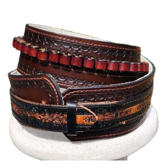 Tooled Leather Bullet Ammo Cartridge Belt Western Cowboy Hunter 40